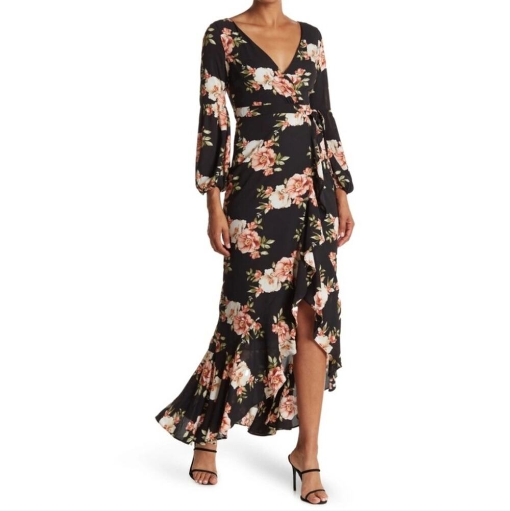 LIKELY Sophia Floral Perla Dress Asymmetrical Ruffle Faux Wrap